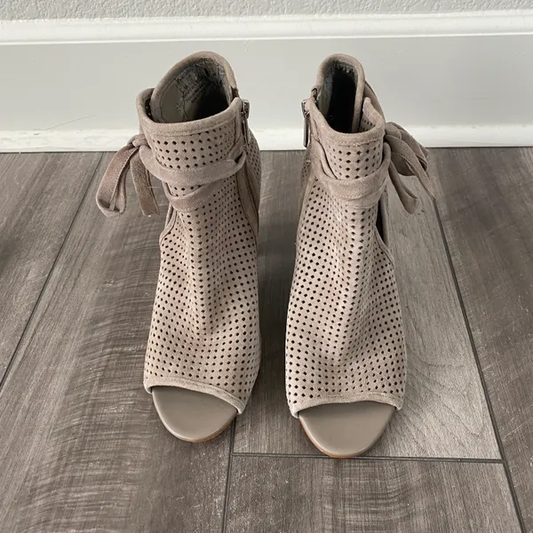 Open Toe Bootie Perforated Suede Bow Tie Taupe-8M - Image 3