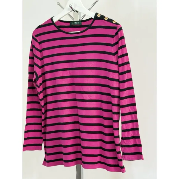 Lauren Ralph Lauren Shirt Womens Size L Pink Black Striped Long Sleeve Preppy - Image 3