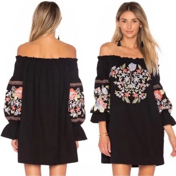 Free People Fleur‎ Du Jour Floral Embroidered Off-the-Shoulder Mini Dress Small - Image 3