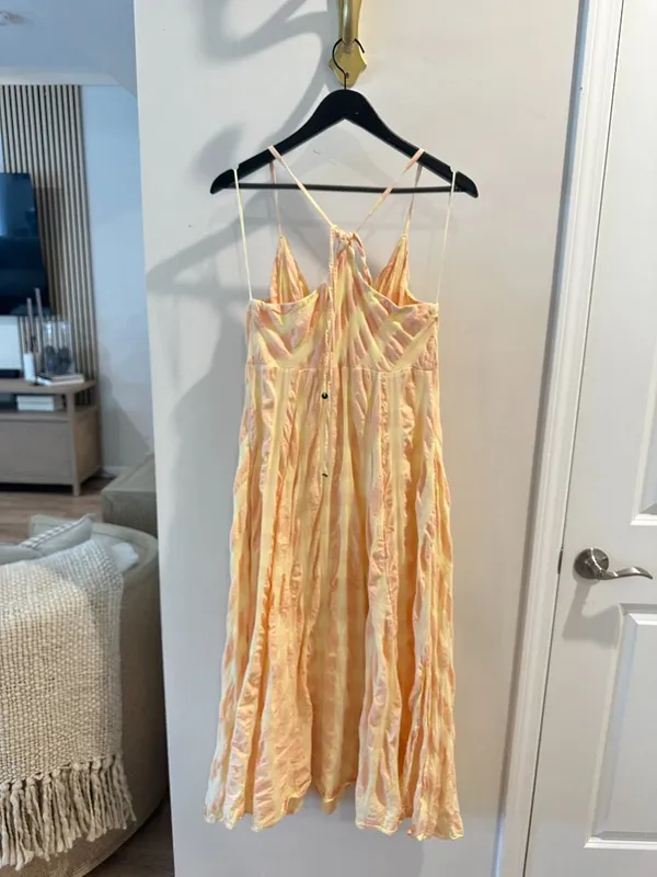 FREE PEOPLE Via Gingham Cotton Seersucker Sundress Creamsicle Combo Eve Medium - Image 8