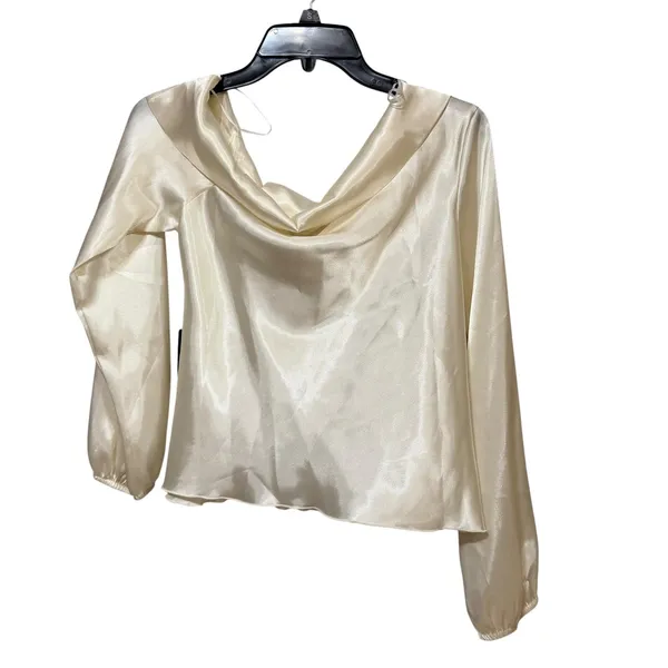 Express Womens Ivory Satin Off The Shoulder Asymmetric Long Sleeve Top NWT‎ M - Image 3