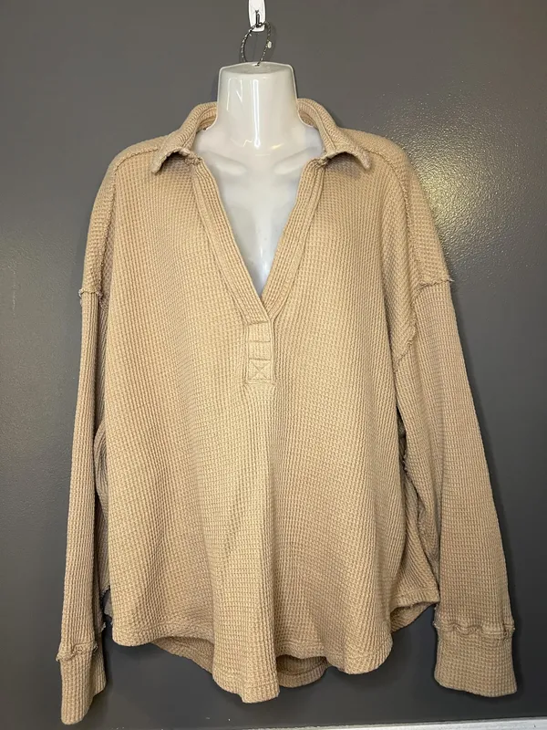 Aerie Shirt Womens XL Beige Collared Long Sleeve Thermal Waffle Knit Tunic Top - Image 2