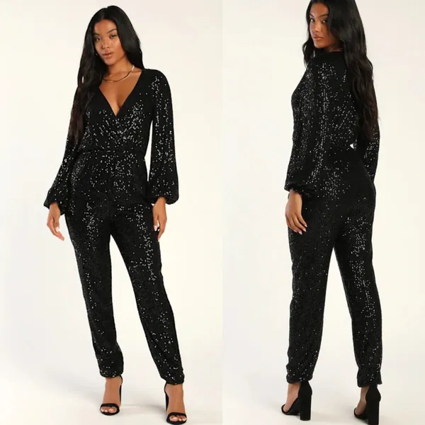 Lulus Sensational Beauty Black Sequin Surplice Long Sleeve Jumpsuit Glam Size S - Image 2