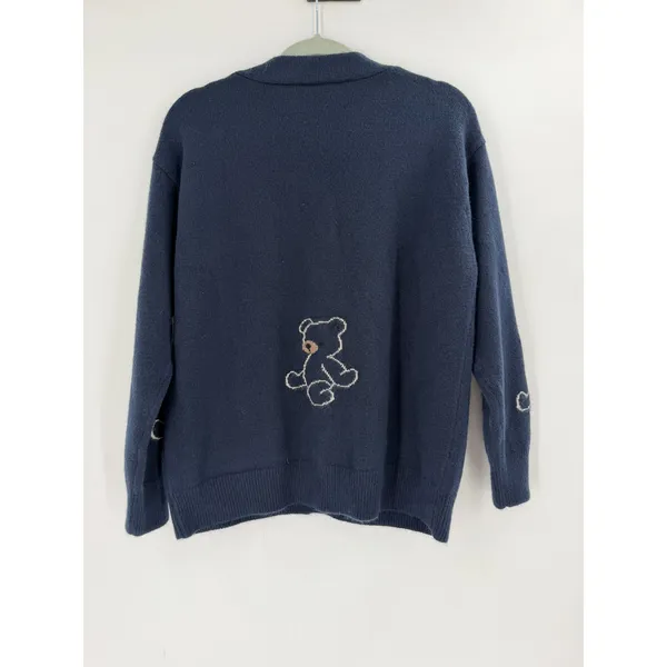 Cardigan Sweater Women Medium Navy Blue Teddy Bear‎ Embroidered Cozy - Image 6