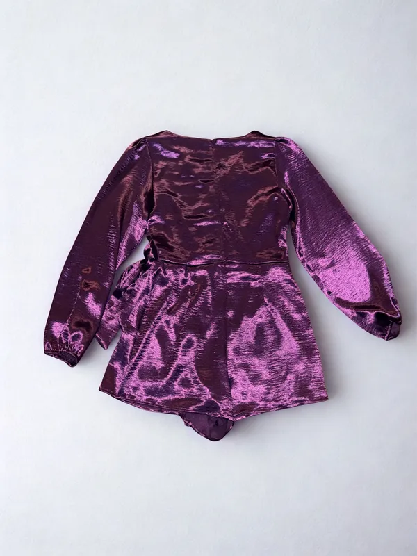 She + Sky Plum Purple Metallic Wrap Romper Long Sleeve Tie Waist Size L NWOT - Image 6