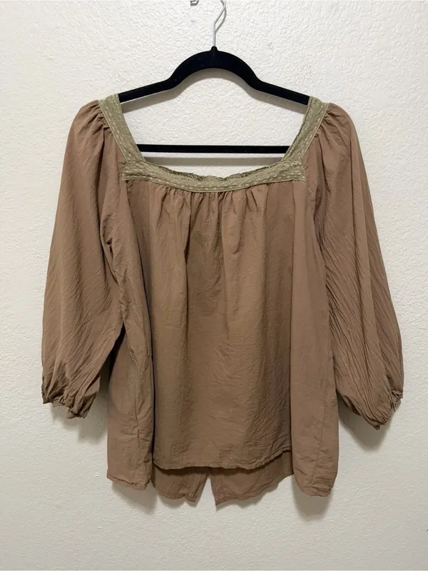 Neuflora Boho Peasant Blouse Brown Lace Trim Button Front Balloon Sleeve Medium - Image 2