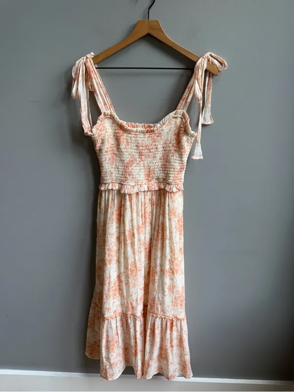 Altar’d State Peach Orange Floral Tie-Shoulder Smocked Midi Dress Medium - Image 2