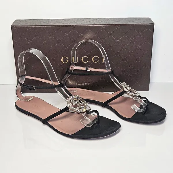 Gucci Black Suede Crystal Interlocking G T-Strap Flat Sandals Glam Size 37.5 - Image 5
