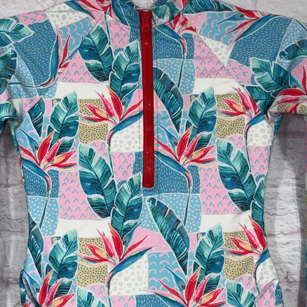 Tropical Print Medium Long Sleeve One-Piece Swimsuit - Image 2
