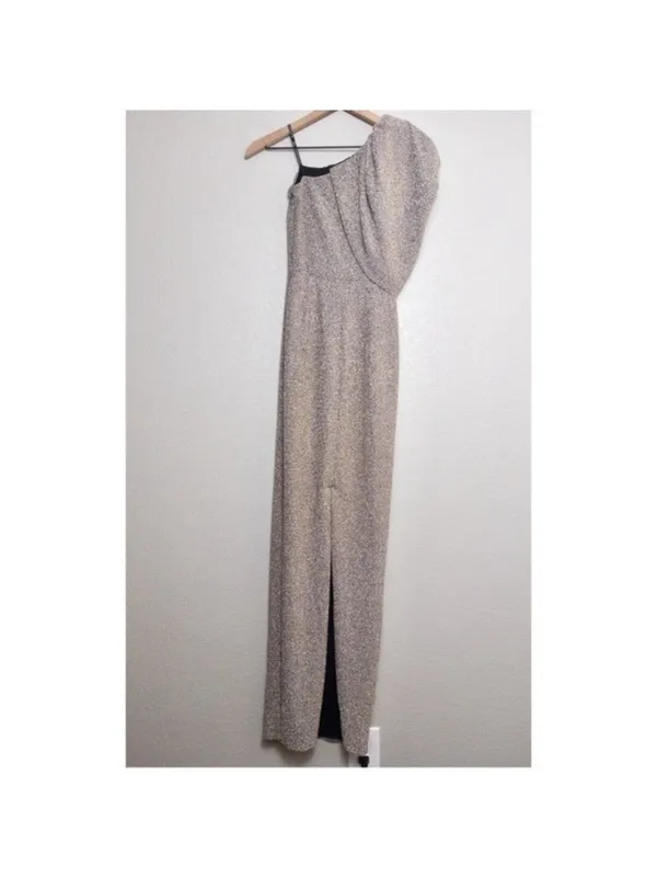 Black Halo EVE Egan One Shoulder Metallic Gown 0 Gold Luxe Long Stretch Pleated - Image 8