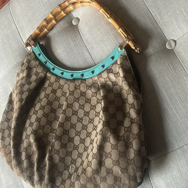 Gucci Bamboo Top Handle Handbag Canvas/ Teal Leather - Image 11