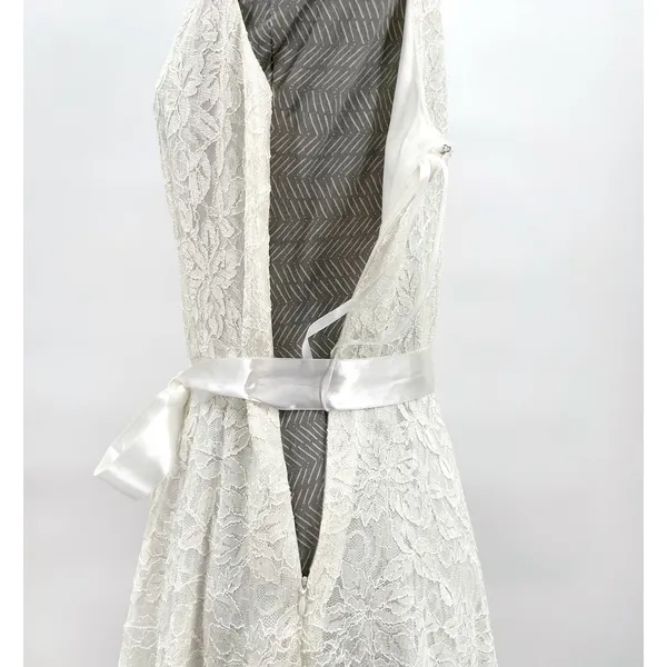 Tahari White Lace Satin Bow Dress Sleeveless V Ivory Wedding Eloping ASL Size 8 - Image 8