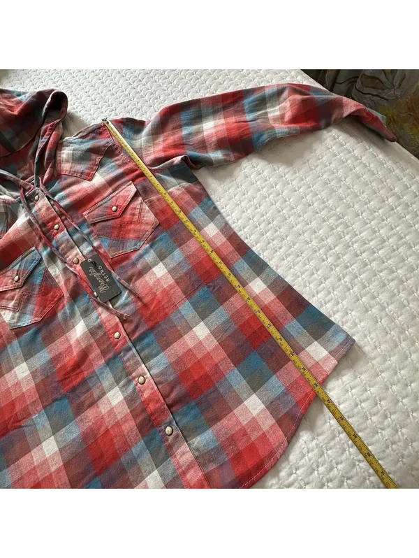 Wrangler Retro Hooded Plaid Western Shirt Snap Front Flannel Hoodie Red L Large - Image 2