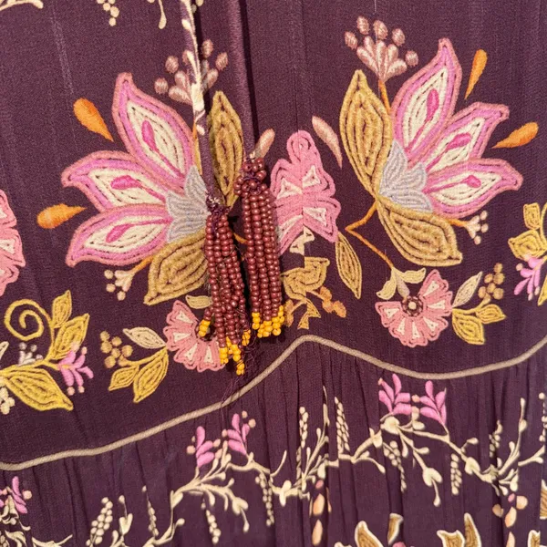 Farm Rio Maxi Dress Women Medium Burgundy Floral Tiered Beaded Tassel Boho - Image 7