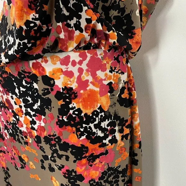 Evan-Picone Dress Size 4 Floral Taupe/Black/Pink Cold Shoulder - Image 3