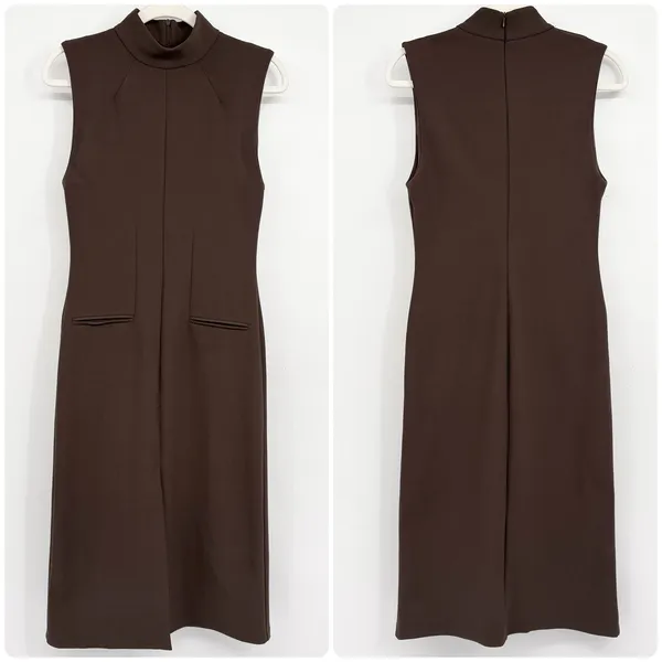 Zara Womens Brown Mock Neck Minimalist Career Sleeveless Front Slit Midi Dress S - Image 3