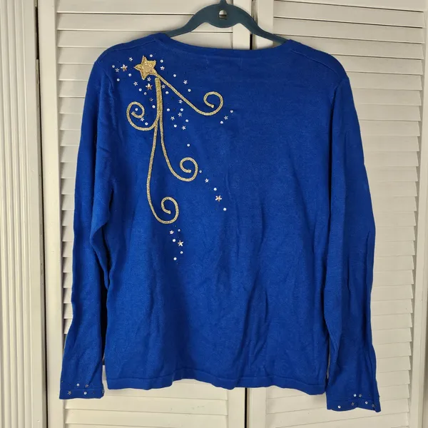 Vintage Jack B Quick Blue Embellished Santa Moon Christmas Cardigan Sweater‎ L - Image 2