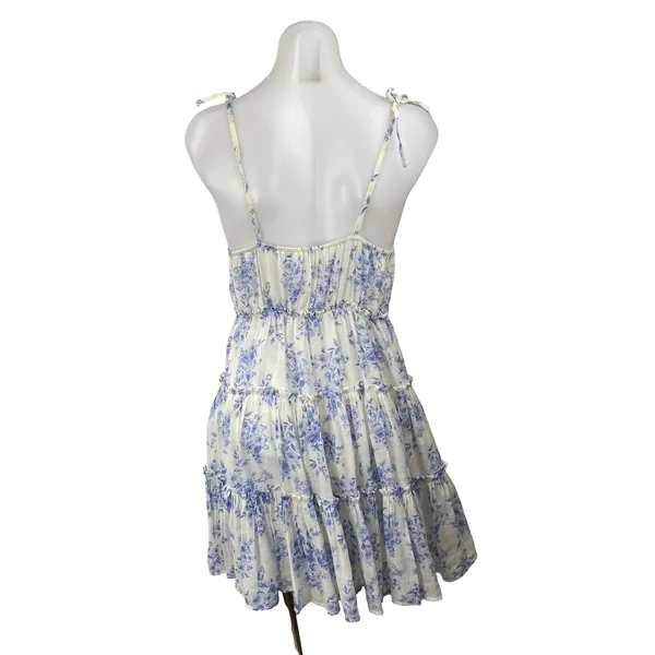 Mine Women's White Blue Floral Tiered Sleeveless Mini Tank Flare A-Line Dress S - Image 4