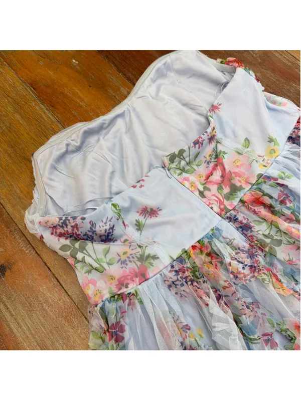 DressAlisa Light Blue Floral Mesh Tiered Ruffle Maxi Dress Strapless NWOT Large - Image 13
