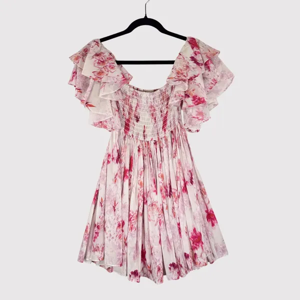 MISA Dress Pink Dina Mini Off Shoulder Smocked Abstract Rose Flowy Coquette XS - Image 2