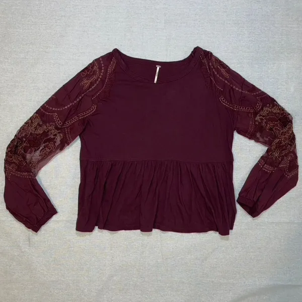 Free People | Penny Embellished-Sleeve Top In Wine | Small - Image 3