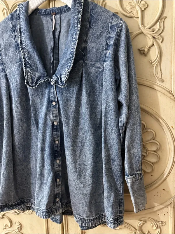 Free People Ruffle Collar Denim Swing Blouse - Lightest Indigo Blue SZ Amall - Image 15