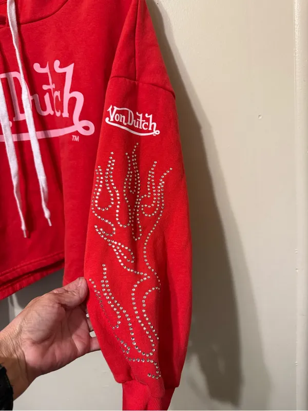 Von Dutch Red Hoodie Sweater with White Logo and Drawstrings M - Image 3