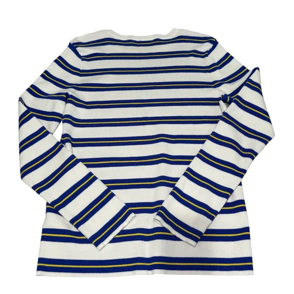 Lauren Ralph Lauren White Blue Yellow Striped‎ Cotton Sweater XL Gold Buttons - Image 3