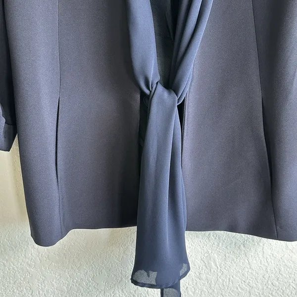 Zara Blazer Sz L Navy Blue Jacket Scarf Tie Women’s Preppy Workwear - Image 12