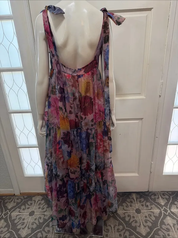 AUDREY PARKS+francesca's Floral Tiered Maxi Dress Tie Straps - Pink Multi S M - Image 9