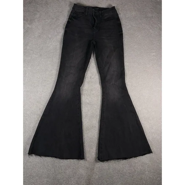 Judy Blue Super Flare Jeans Women's 3/26 Black Wash Distressed Frayed Hem - Image 2