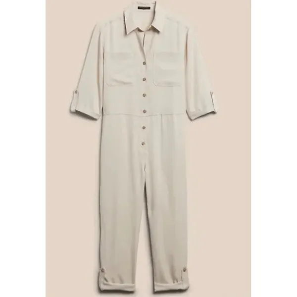 Banana Republic Women Beige‎ Utility Safari Boiler Suit Jumpsuit Roll Tab Sleeve - Image 4