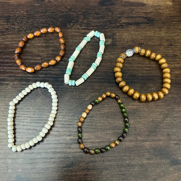 Boho Western Brown, Cream and Mint Layered Beaded Bracelet Set - Image 3