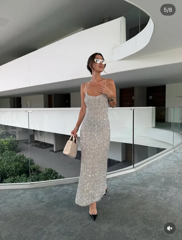 Zara Silver Sequin Spaghetti Strap maxi Dress evening party holiday - Image 6