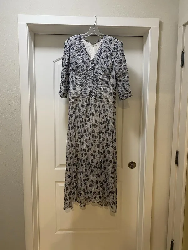 Rebecca Taylor Dress Womens 6 Blue Floral Ruched Fit Flare Midi 3/4 Sleeve - Image 2