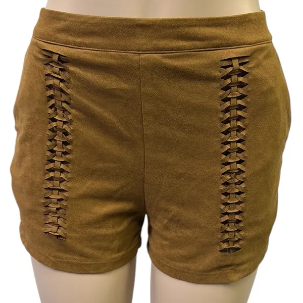 Love Riche Brown Faux Suede Braided Accent High Rise Zip Shorts Womens Medium - Image 6