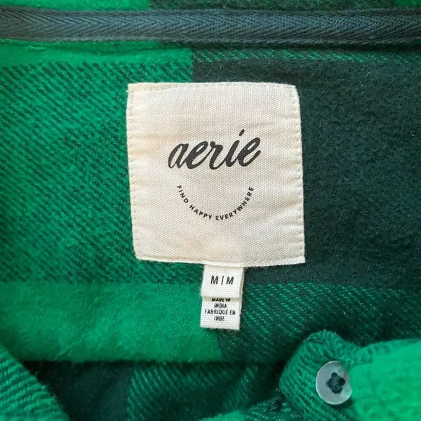 Aerie Green Plaid Flannel Shirt Button Down Cozy Oversized Top Size M - Image 4