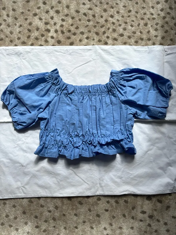 ZARA Blue Off-The-Shoulder Top with Puff Sleeves - Image 2