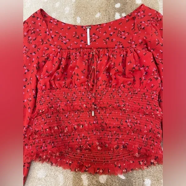 Free people Lolita red purple floral blouse women’s size medium - Image 3