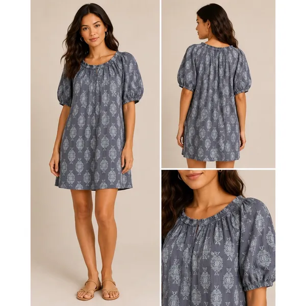 Wonderly Womens Blue‎ Medallion Cotton Gauze Peasant Mini Dress M Puff Sleeve - Image 2