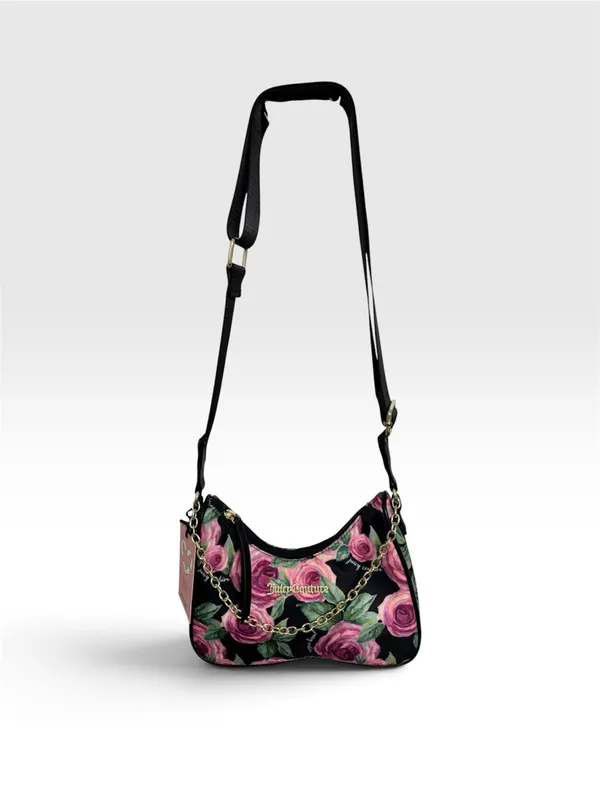 Juicy Couture Black Pink Rose Floral Print Mini Shoulder Bag Gold Chain Strap - Image 2