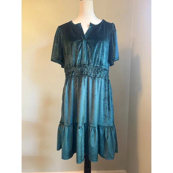 French Connection Velvet Dress Emerald Green whimsigoth boho Ruffle Mini L party - Image 2