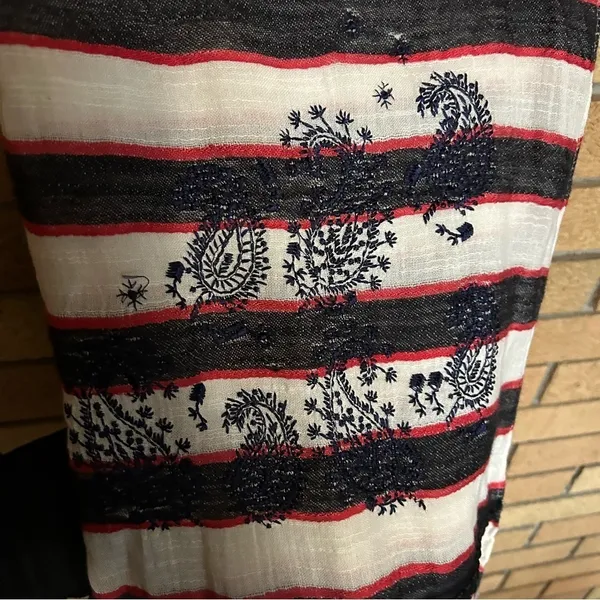 NWT LOFT Embroidered Black Red & White Striped Scarf 70x24” - Image 3