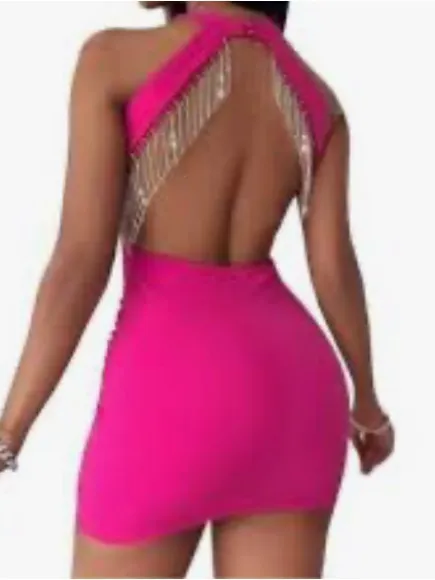 Sincerly Jules Hot Pink Rhinestone Fringe Open-Back Mini - Image 5
