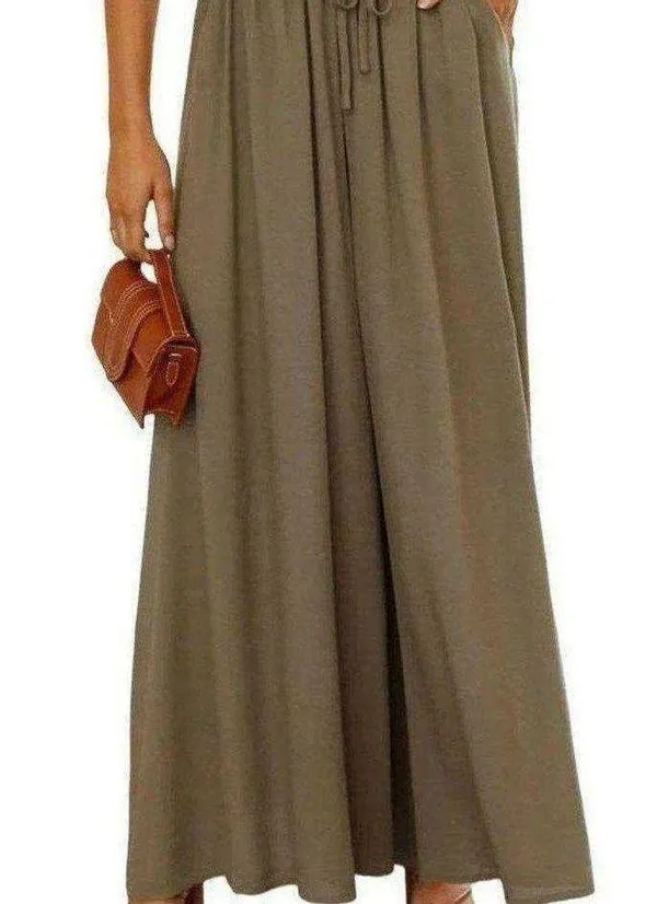 High Waist Wide Leg Palazzo Culottes Loose Pants Womens Small Olive Green Tan - Image 5
