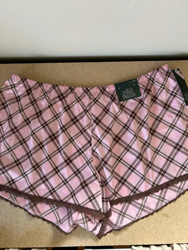 Wild Fable Satin Boxer Pajama Shorts brown/pink plaid with lace trim - Image 2