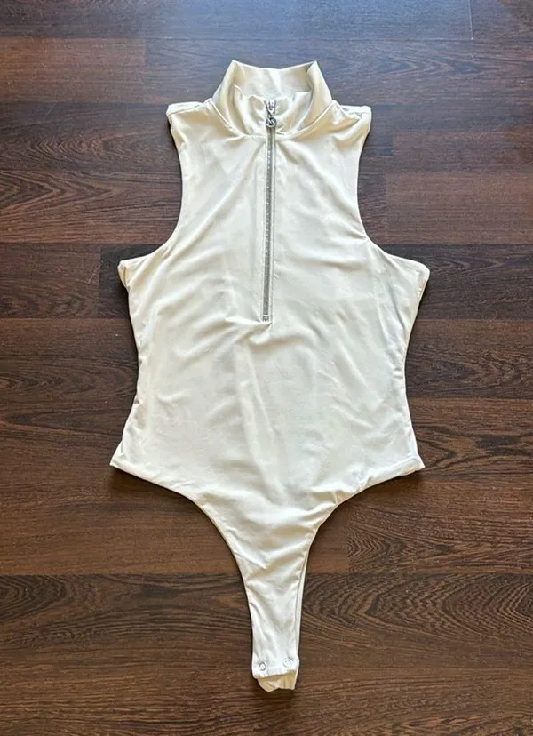 Meshki Paulina Sleeveless High Neck Zip Bodysuit Cream Medium - Image 3