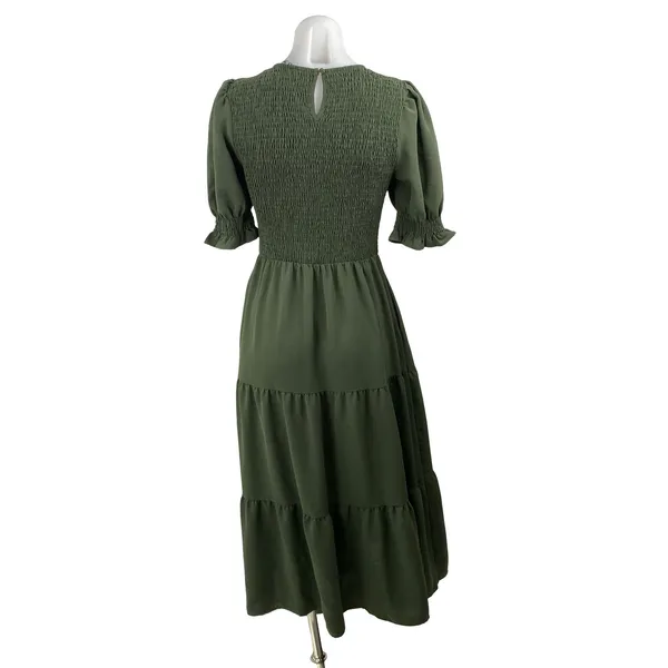 BTFBM Women's Green Smocked Short Puff Sleeve Tiered A Line Maxi Dress Size S - Image 4