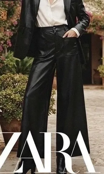 Zara Black Faux Leather 8 Pants Wide Leg High Rise Trousers Patch Pockets Chic - Image 2
