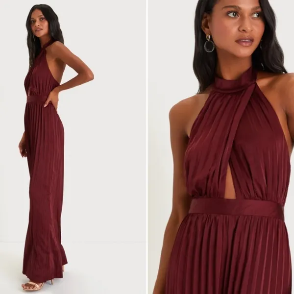 COPY - LULU's Sexy Elegant Chic Minimalistic Wedding Pleated Satin Wide Leg Jum… - Image 4